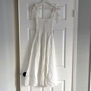 Reformation shoulder tie smocked linen midi dress.  Size 0. White